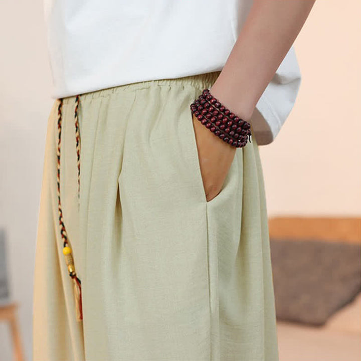 Buddha Stones Spring Summer Casual Drawstring Solid Cropped Pants Men's Straight Leg Pants With Pocket - image 7