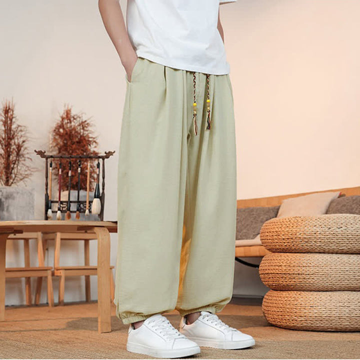 Buddha Stones Spring Summer Casual Drawstring Solid Cropped Pants Men's Straight Leg Pants With Pocket - image 3