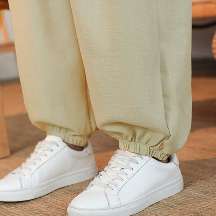 Buddha Stones Spring Summer Casual Drawstring Solid Cropped Pants Men's Straight Leg Pants With Pocket - image 8