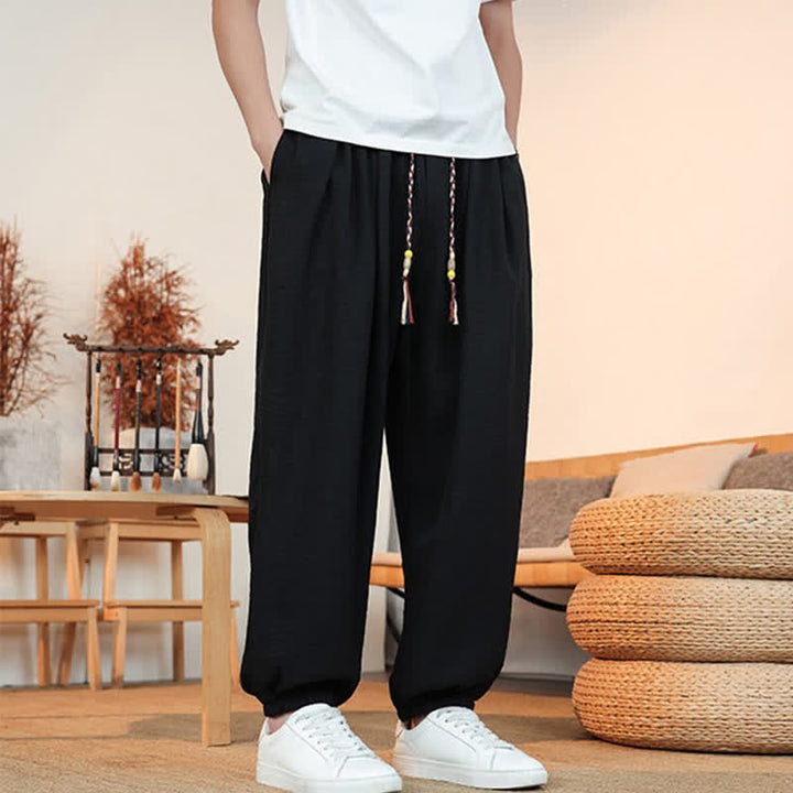 Buddha Stones Spring Summer Casual Drawstring Solid Cropped Pants Men's Straight Leg Pants With Pocket - image 14