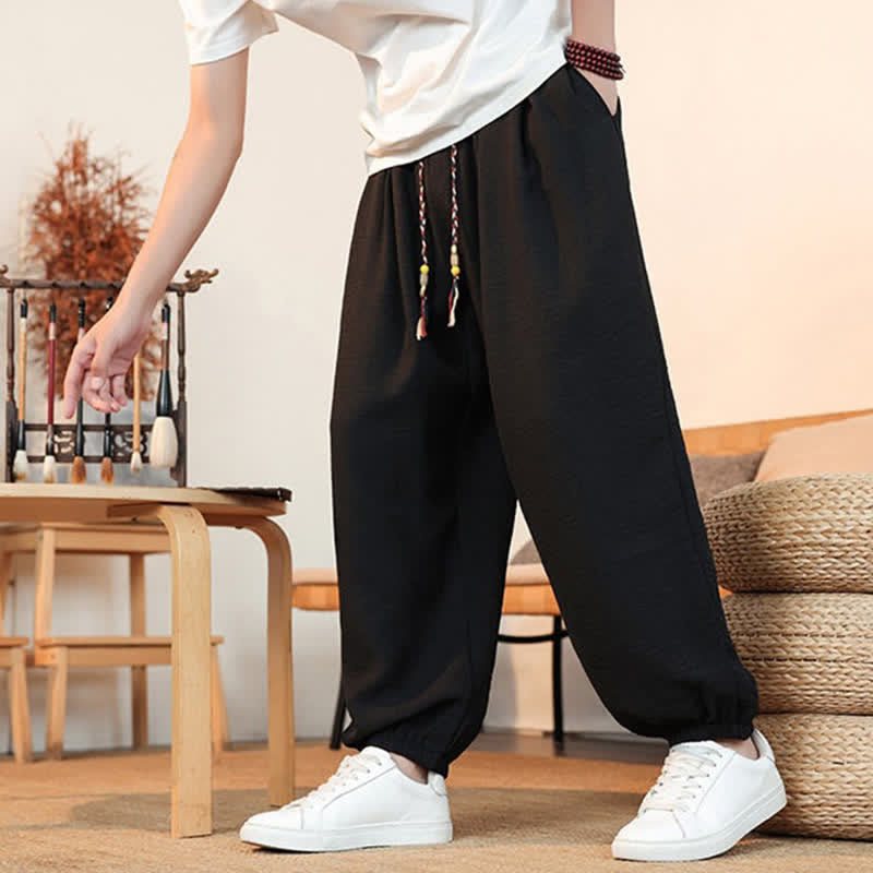 Buddha Stones Spring Summer Casual Drawstring Solid Cropped Pants Men's Straight Leg Pants With Pocket - image 17