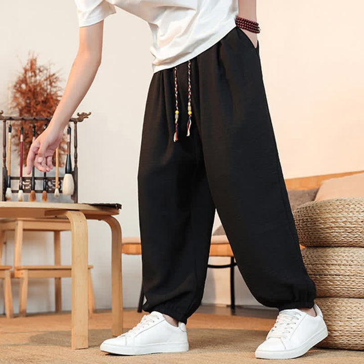 Buddha Stones Spring Summer Casual Drawstring Solid Cropped Pants Men's Straight Leg Pants With Pocket - image 17