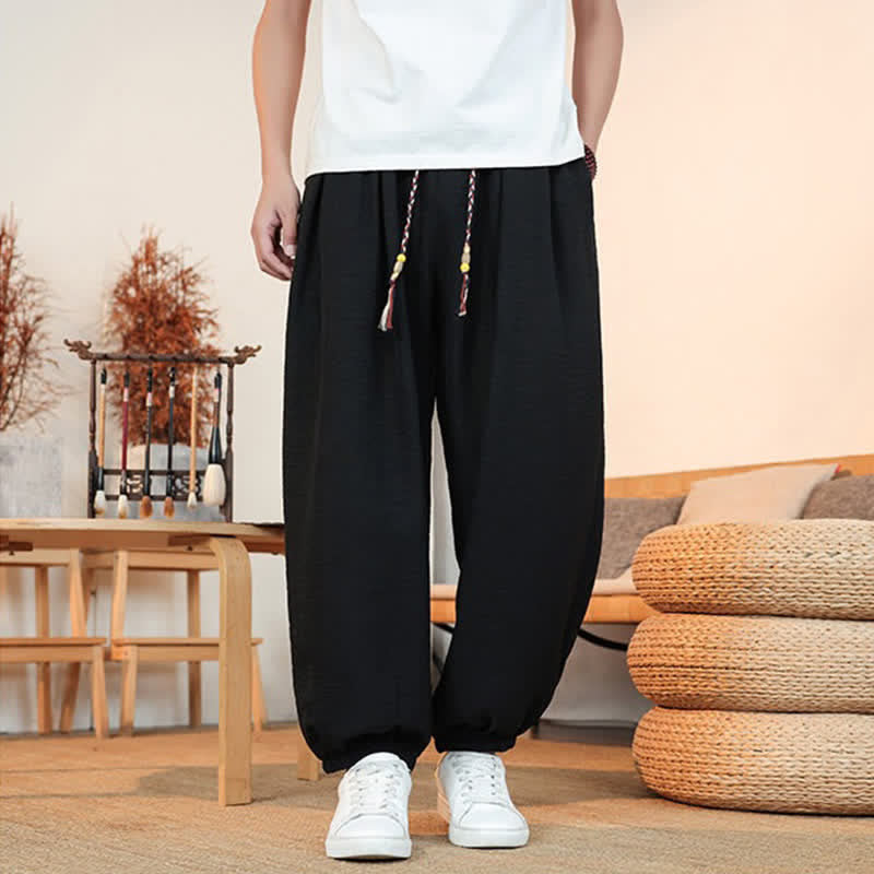 Buddha Stones Spring Summer Casual Drawstring Solid Cropped Pants Men's Straight Leg Pants With Pocket - image 10