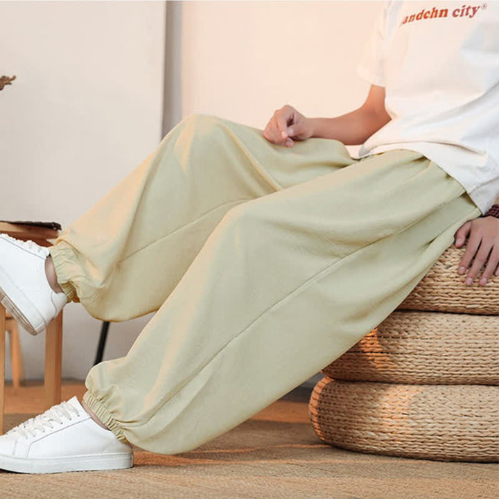 Buddha Stones Spring Summer Casual Drawstring Solid Cropped Pants Men's Straight Leg Pants With Pocket - image 5