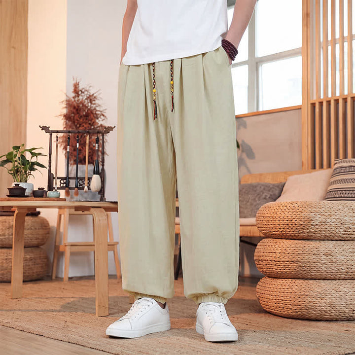 Buddha Stones Spring Summer Casual Drawstring Solid Cropped Pants Men's Straight Leg Pants With Pocket - image 1