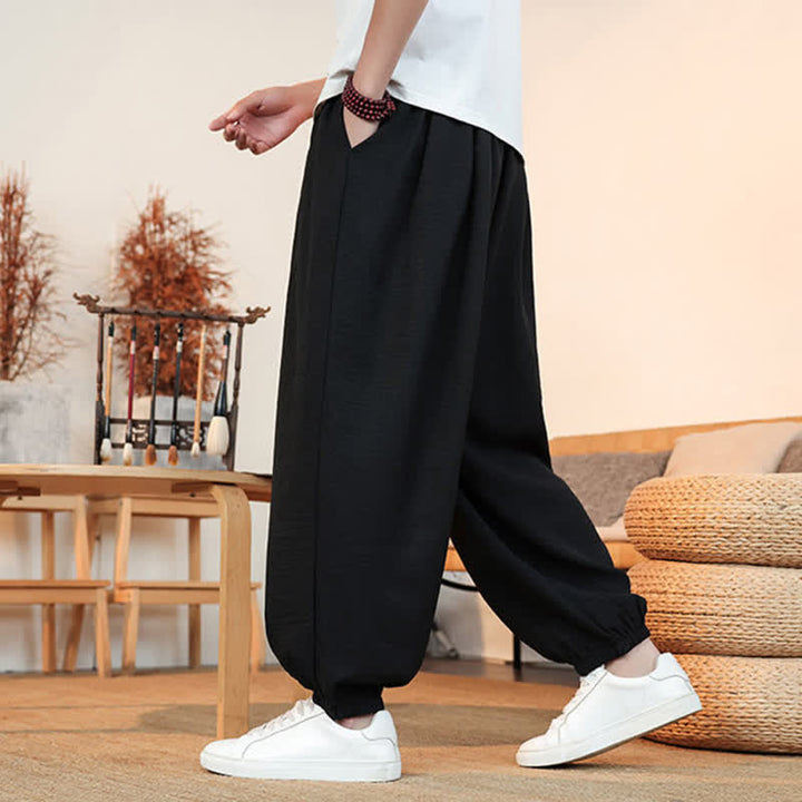 Buddha Stones Spring Summer Casual Drawstring Solid Cropped Pants Men's Straight Leg Pants With Pocket - image 12