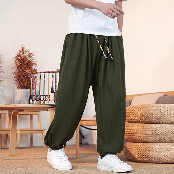 Buddha Stones Spring Summer Casual Drawstring Solid Cropped Pants Men's Straight Leg Pants With Pocket - image 23