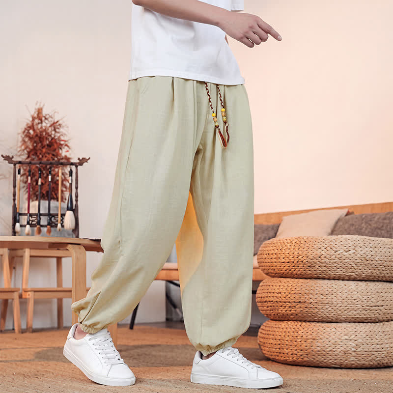 Buddha Stones Spring Summer Casual Drawstring Solid Cropped Pants Men's Straight Leg Pants With Pocket - image 2