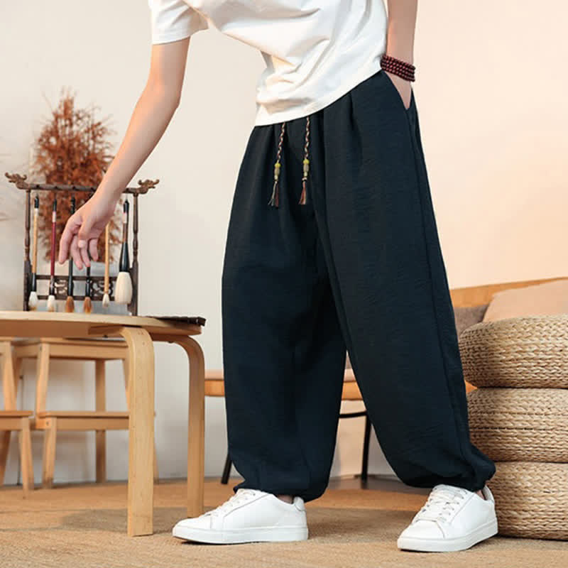 Buddha Stones Spring Summer Casual Drawstring Solid Cropped Pants Men's Straight Leg Pants With Pocket - image 30