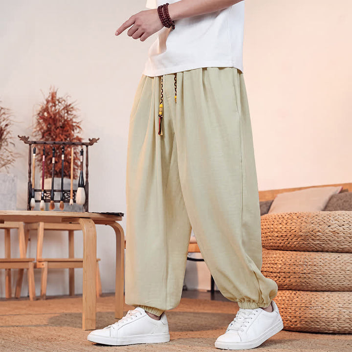 Buddha Stones Spring Summer Casual Drawstring Solid Cropped Pants Men's Straight Leg Pants With Pocket - Beige - US/UK/AU46, EU56 (5XL) - image 0