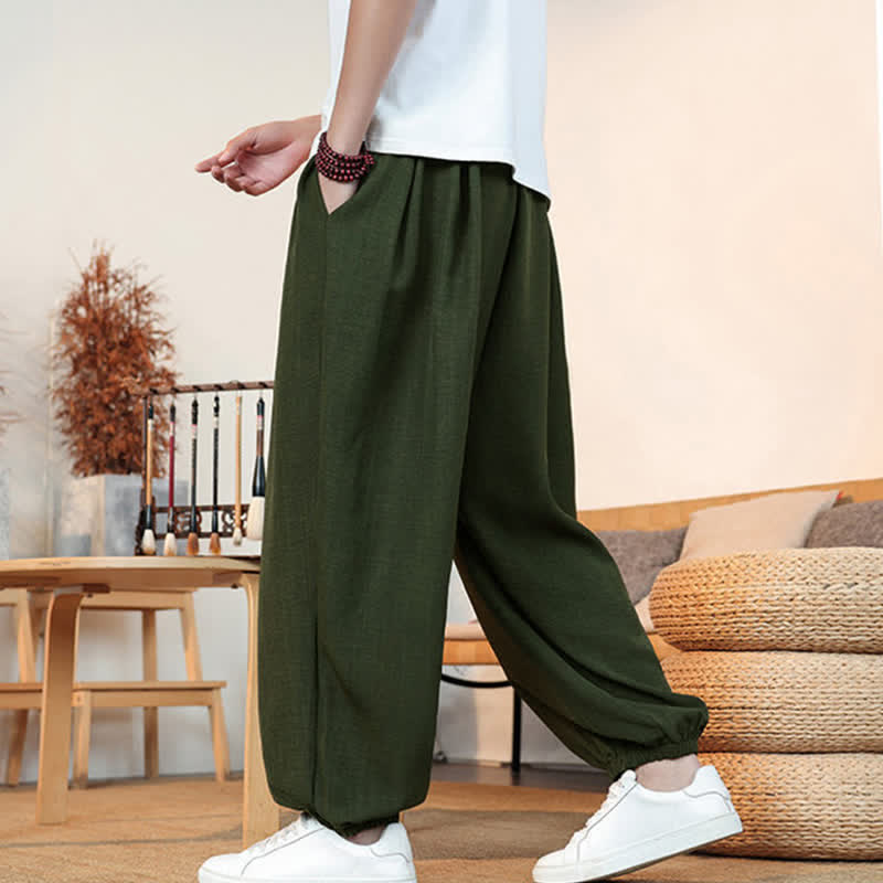 Buddha Stones Spring Summer Casual Drawstring Solid Cropped Pants Men's Straight Leg Pants With Pocket - image 24