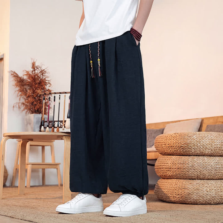 Buddha Stones Spring Summer Casual Drawstring Solid Cropped Pants Men's Straight Leg Pants With Pocket - image 33