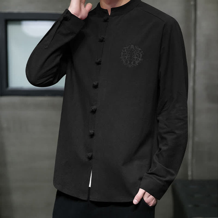 Buddha Stones Spring Fall Tang Style Casual Frog Button Embroidery Solid Men's Long Sleeve Shirts - image 11