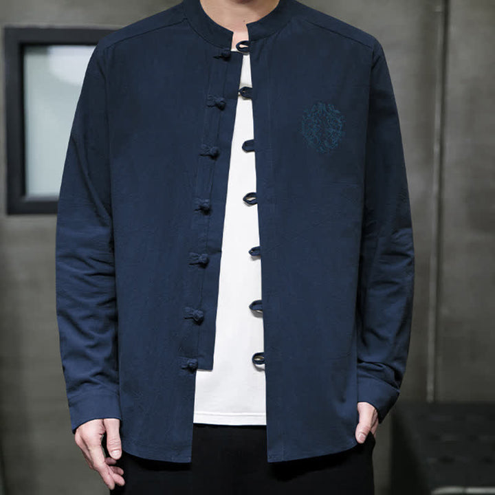 Buddha Stones Spring Fall Tang Style Casual Frog Button Embroidery Solid Men's Long Sleeve Shirts - MidnightBlue - US/UK/AU46, EU56 (5XL) - image 15
