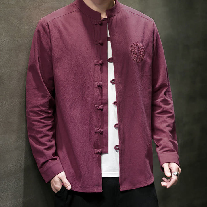 Buddha Stones Spring Fall Tang Style Casual Frog Button Embroidery Solid Men's Long Sleeve Shirts - image 2