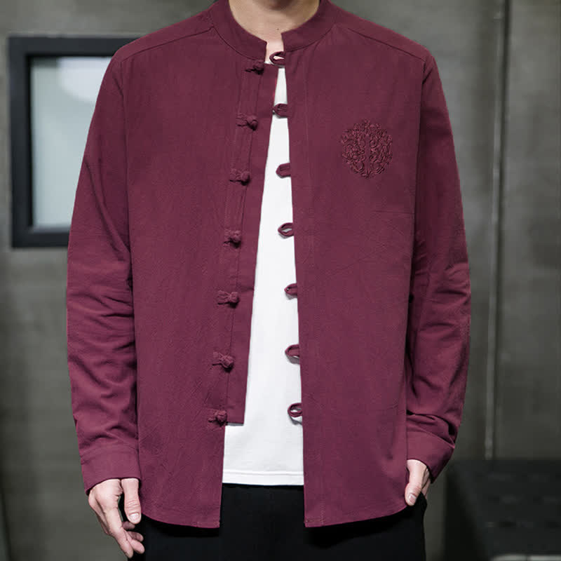 Buddha Stones Spring Fall Tang Style Casual Frog Button Embroidery Solid Men's Long Sleeve Shirts - image 3
