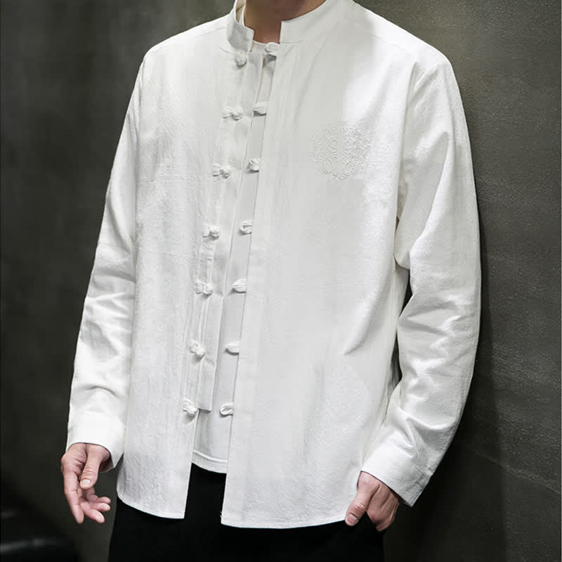 Buddha Stones Spring Fall Tang Style Casual Frog Button Embroidery Solid Men's Long Sleeve Shirts - image 9