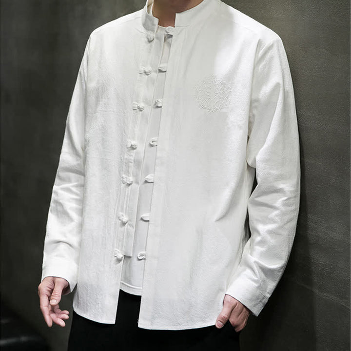 Buddha Stones Spring Fall Tang Style Casual Frog Button Embroidery Solid Men's Long Sleeve Shirts - image 9