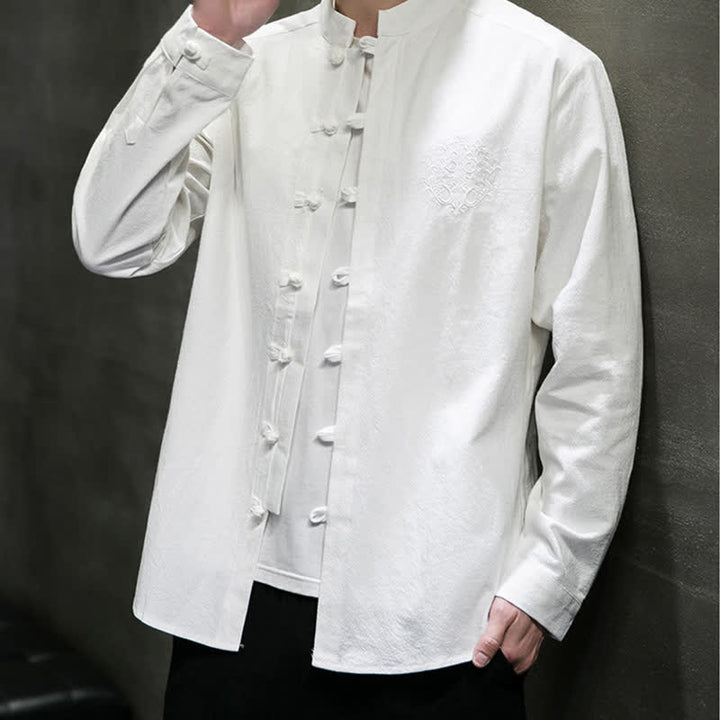 Buddha Stones Spring Fall Tang Style Casual Frog Button Embroidery Solid Men's Long Sleeve Shirts - image 7
