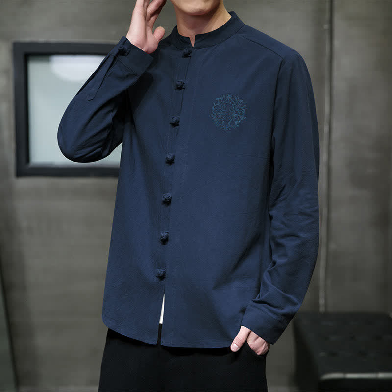 Buddha Stones Spring Fall Tang Style Casual Frog Button Embroidery Solid Men's Long Sleeve Shirts - image 16