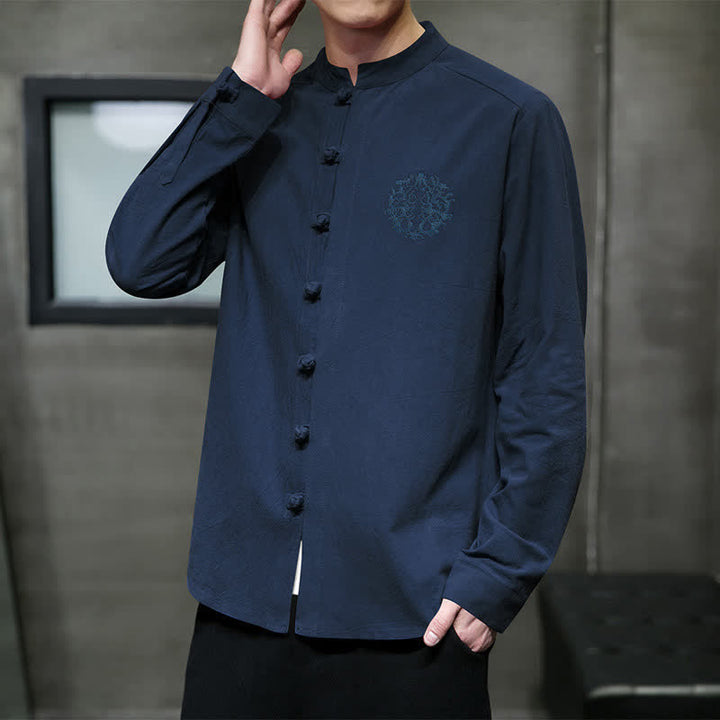 Buddha Stones Spring Fall Tang Style Casual Frog Button Embroidery Solid Men's Long Sleeve Shirts - image 16