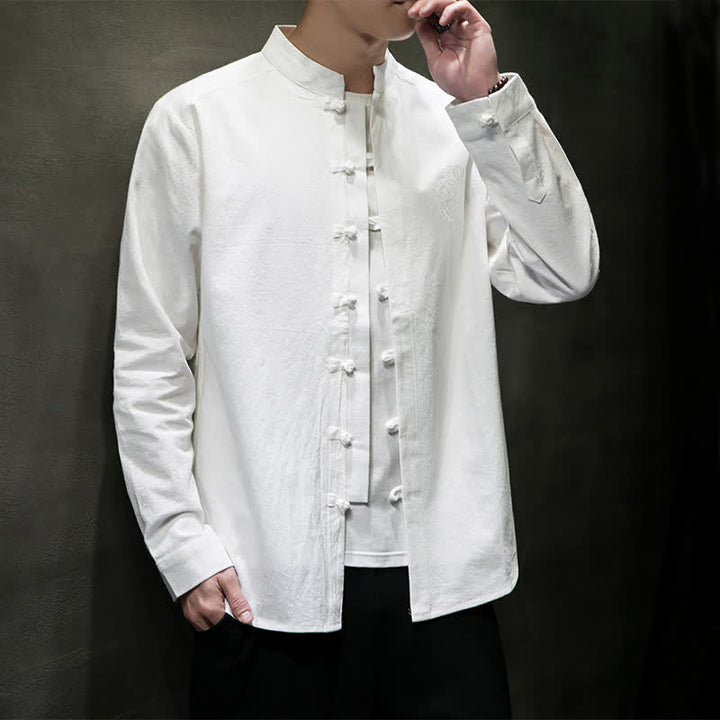 Buddha Stones Spring Fall Tang Style Casual Frog Button Embroidery Solid Men's Long Sleeve Shirts - White - US/UK/AU46, EU56 (5XL) - image 5