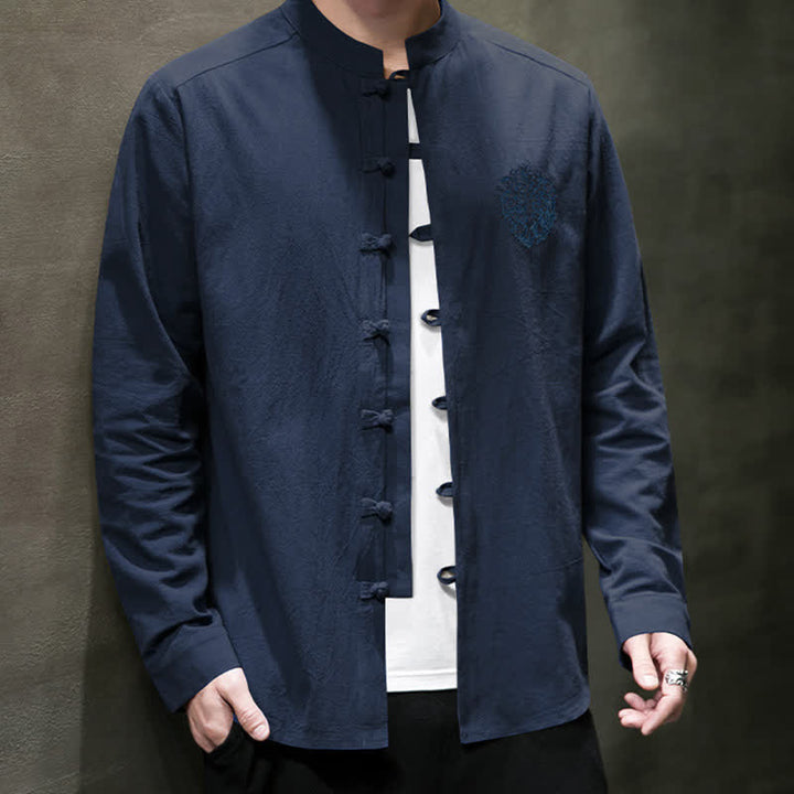 Buddha Stones Spring Fall Tang Style Casual Frog Button Embroidery Solid Men's Long Sleeve Shirts - image 18