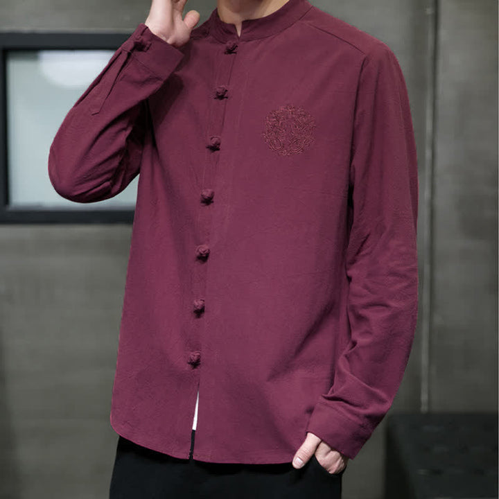 Buddha Stones Spring Fall Tang Style Casual Frog Button Embroidery Solid Men's Long Sleeve Shirts - image 1