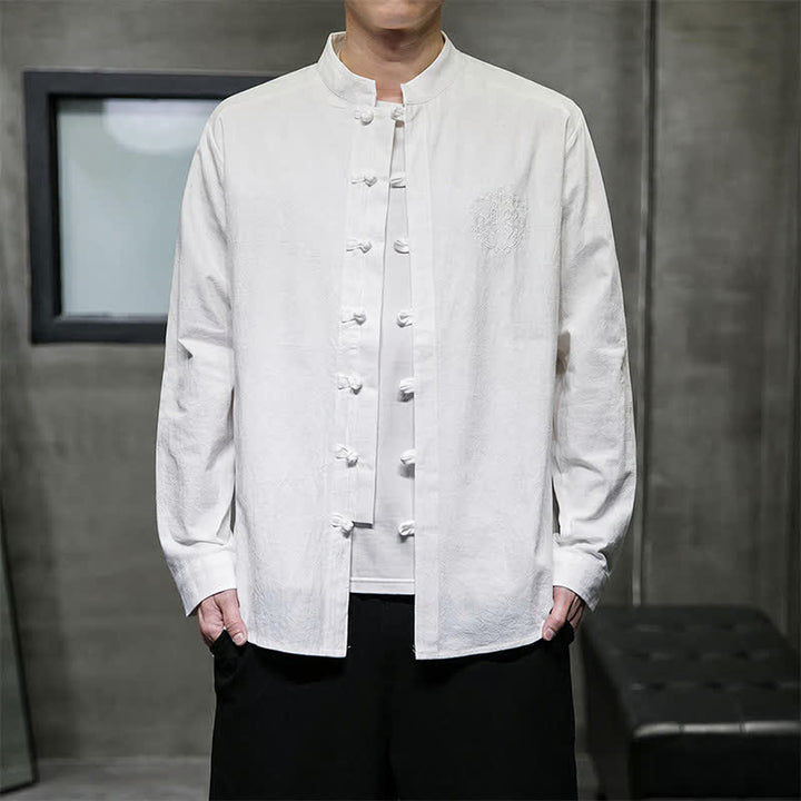 Buddha Stones Spring Fall Tang Style Casual Frog Button Embroidery Solid Men's Long Sleeve Shirts - image 6