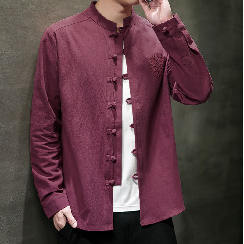 Buddha Stones Spring Fall Tang Style Casual Frog Button Embroidery Solid Men's Long Sleeve Shirts - image 4