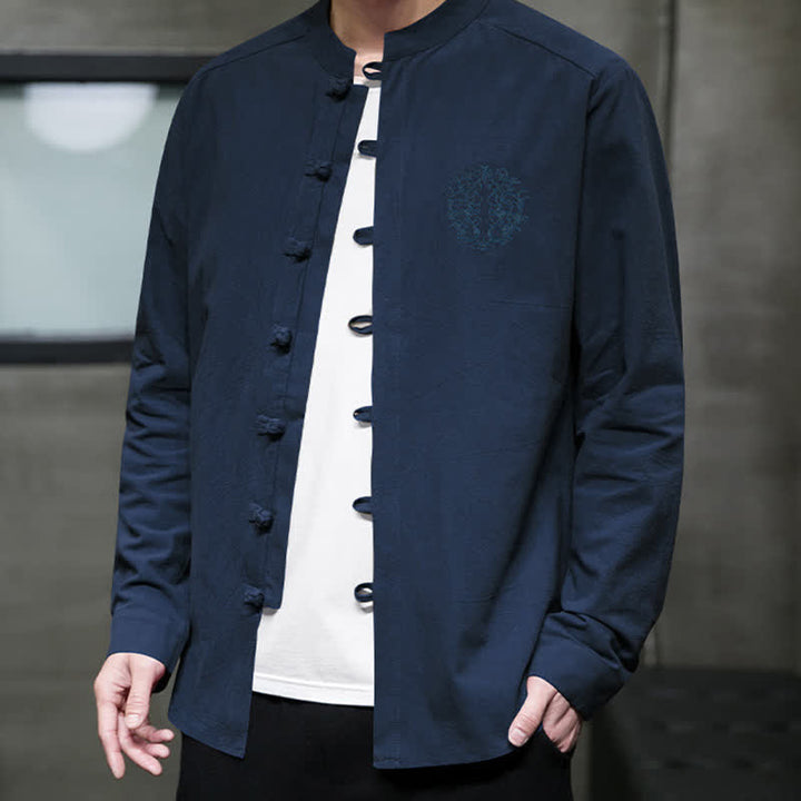 Buddha Stones Spring Fall Tang Style Casual Frog Button Embroidery Solid Men's Long Sleeve Shirts - image 17