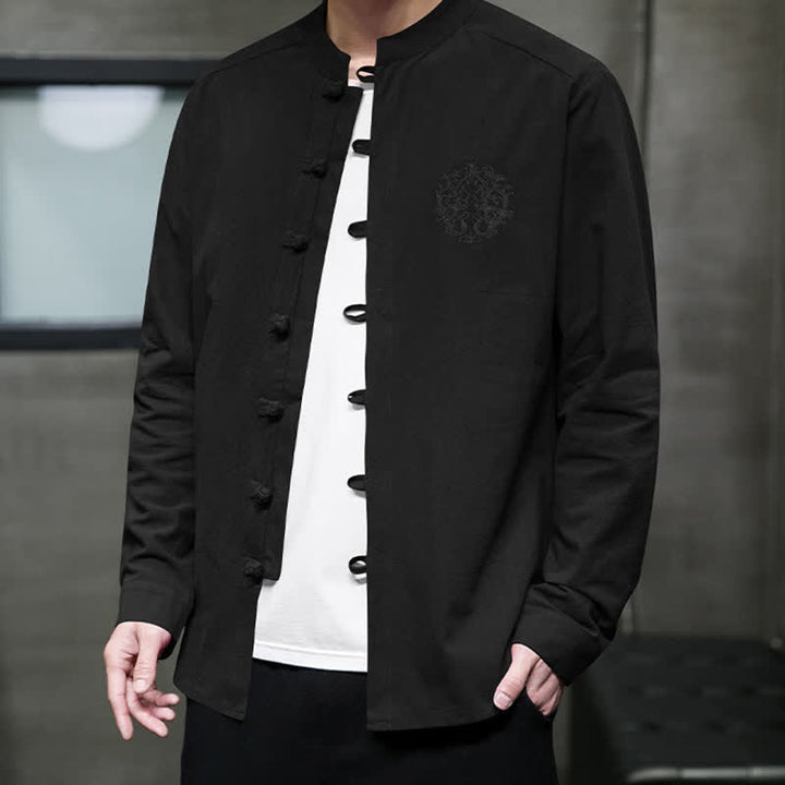 Buddha Stones Spring Fall Tang Style Casual Frog Button Embroidery Solid Men's Long Sleeve Shirts - image 12