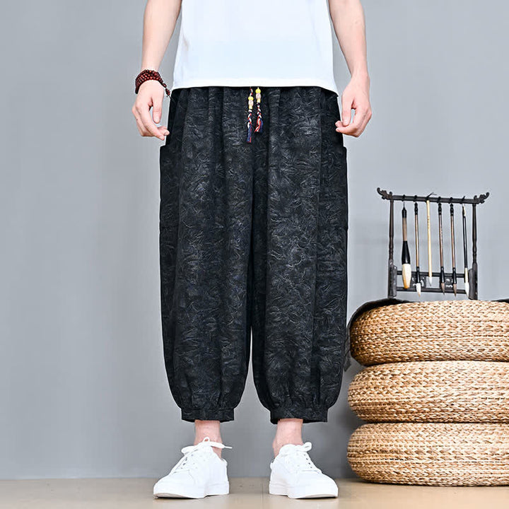 Buddha Stones Spring Summer Casual Boho Drawstring Abstract Capri Pants Men's Harem Pants With Pocket - Black - US/UK/AU48, EU58 (5XL) - image 14
