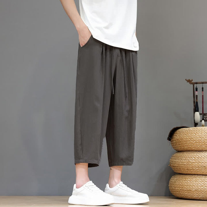Buddha Stones Spring Summer Casual Drawstring Solid Capri Pants Men's Harem Pants With Pocket - image 5