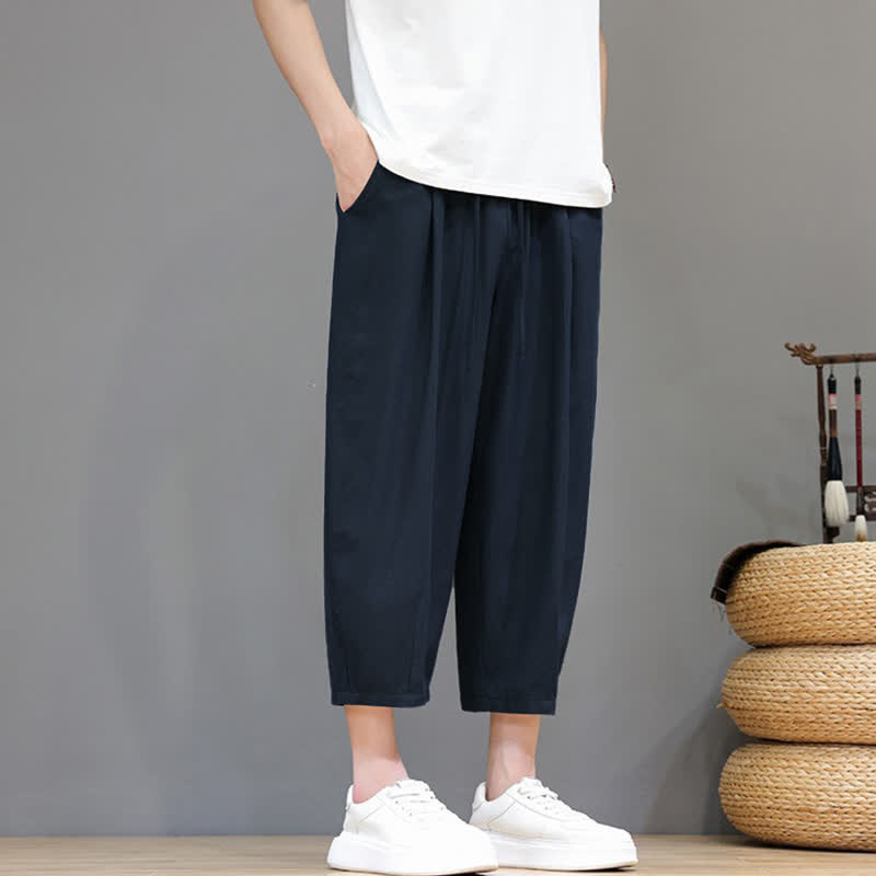 Buddha Stones Spring Summer Casual Drawstring Solid Capri Pants Men's Harem Pants With Pocket - image 14