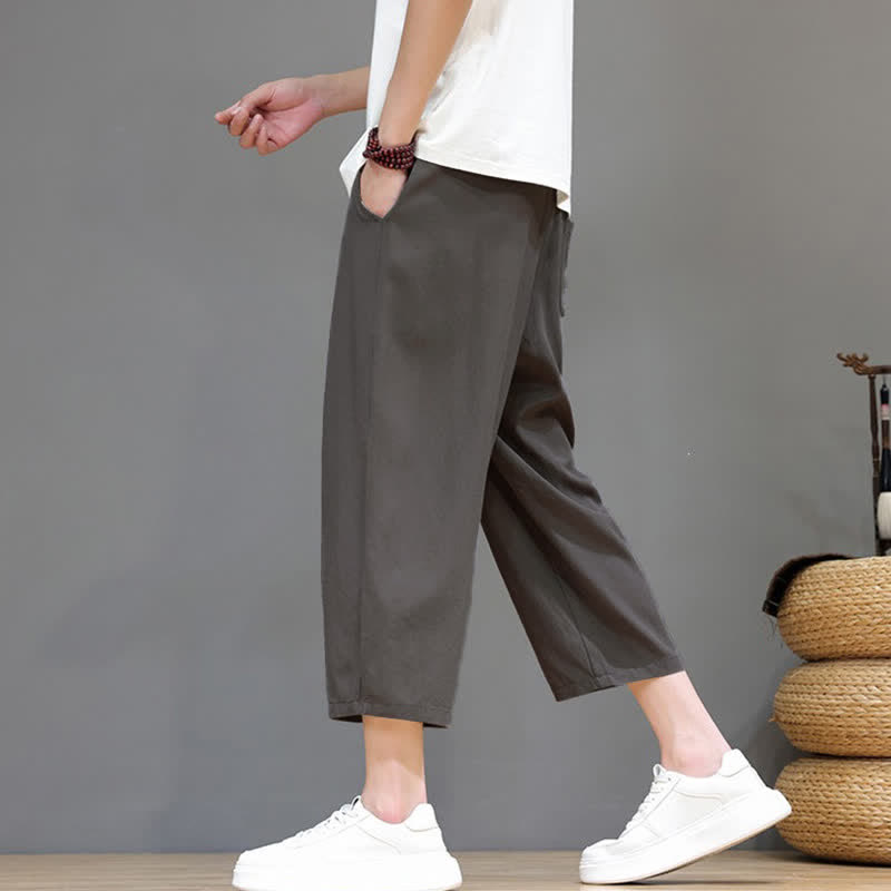 Buddha Stones Spring Summer Casual Drawstring Solid Capri Pants Men's Harem Pants With Pocket - image 7