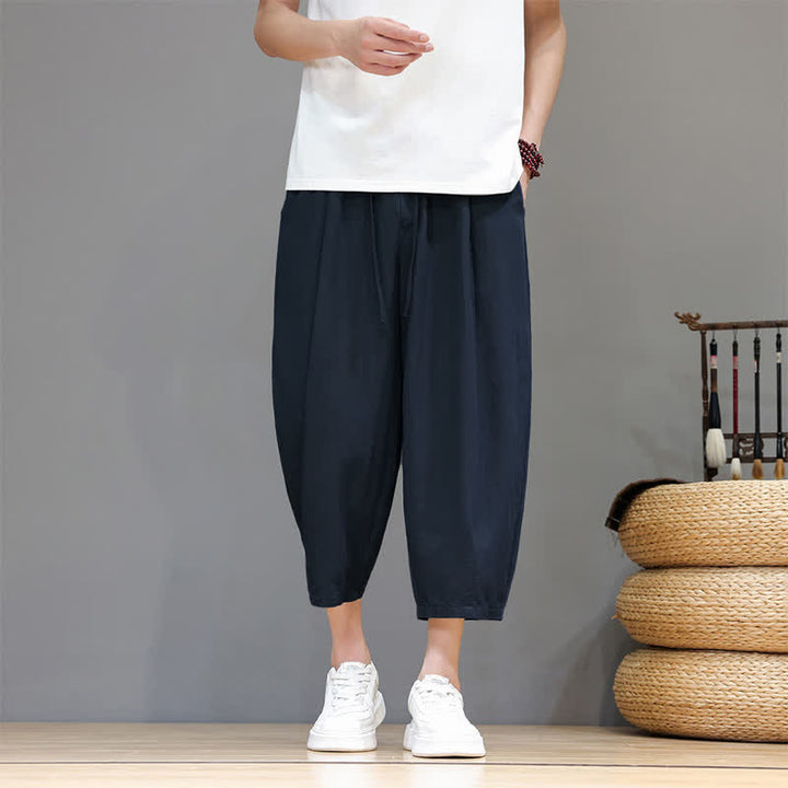 Buddha Stones Spring Summer Casual Drawstring Solid Capri Pants Men's Harem Pants With Pocket - Navy - US/UK/AU46, EU56 (5XL) - image 9