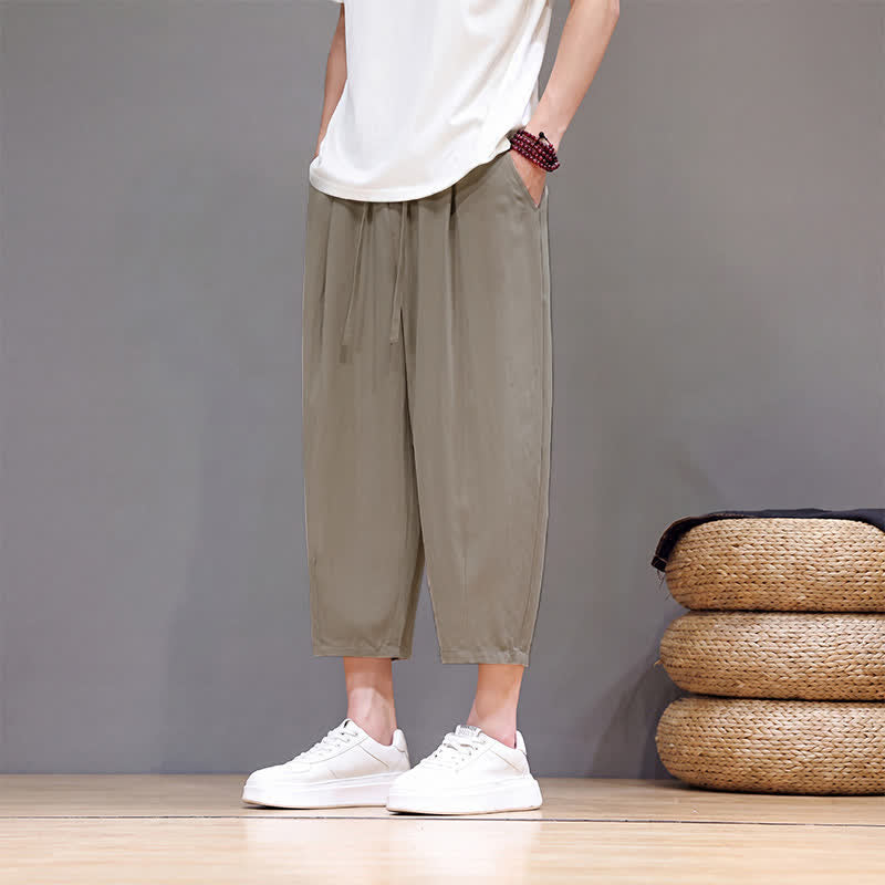 Buddha Stones Spring Summer Casual Drawstring Solid Capri Pants Men's Harem Pants With Pocket - image 24