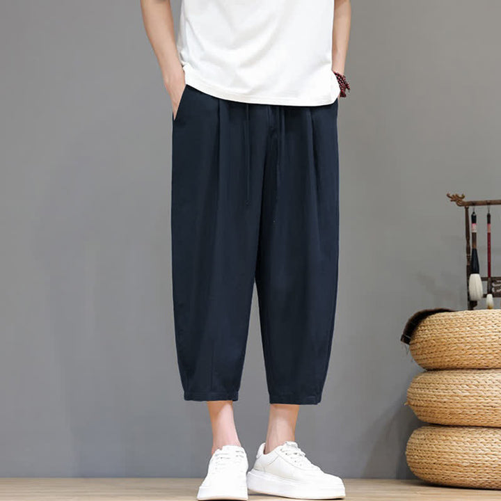 Buddha Stones Spring Summer Casual Drawstring Solid Capri Pants Men's Harem Pants With Pocket - image 12