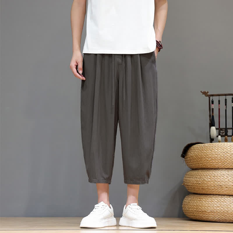 Buddha Stones Spring Summer Casual Drawstring Solid Capri Pants Men's Harem Pants With Pocket - image 1