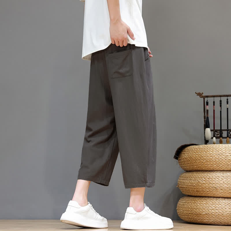 Buddha Stones Spring Summer Casual Drawstring Solid Capri Pants Men's Harem Pants With Pocket - image 3