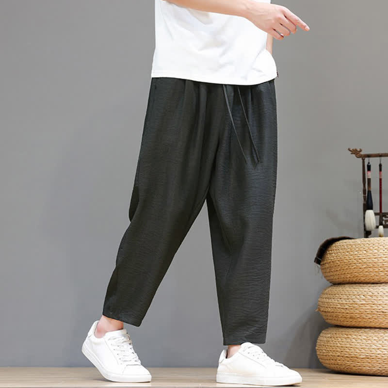 Buddha Stones Spring Summer Casual Minimalist Drawstring Solid Cropped Pants Men's Harem Pants With Pocket - image 1