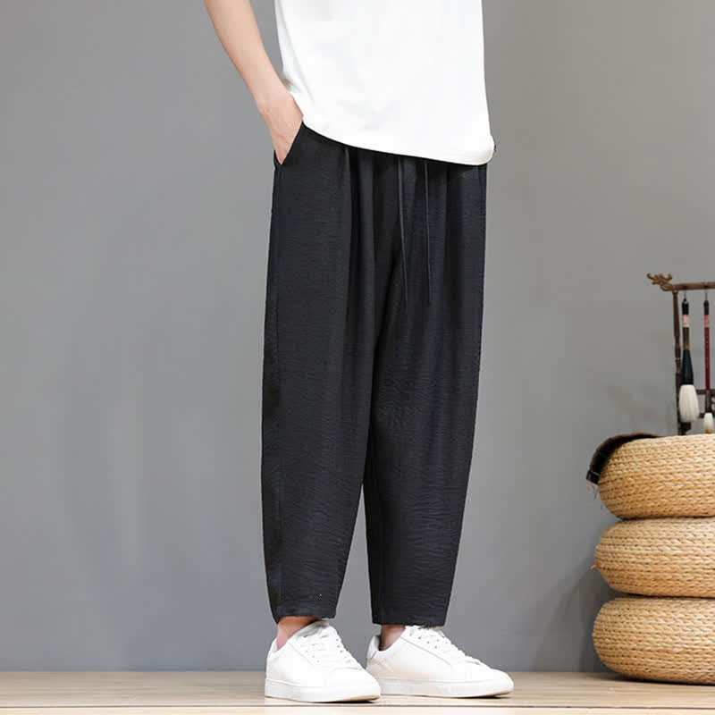 Buddha Stones Spring Summer Casual Minimalist Drawstring Solid Cropped Pants Men's Harem Pants With Pocket - image 21
