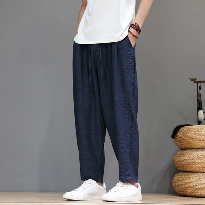Buddha Stones Spring Summer Casual Minimalist Drawstring Solid Cropped Pants Men's Harem Pants With Pocket - Navy - US/UK/AU46, EU56 (5XL) - image 32