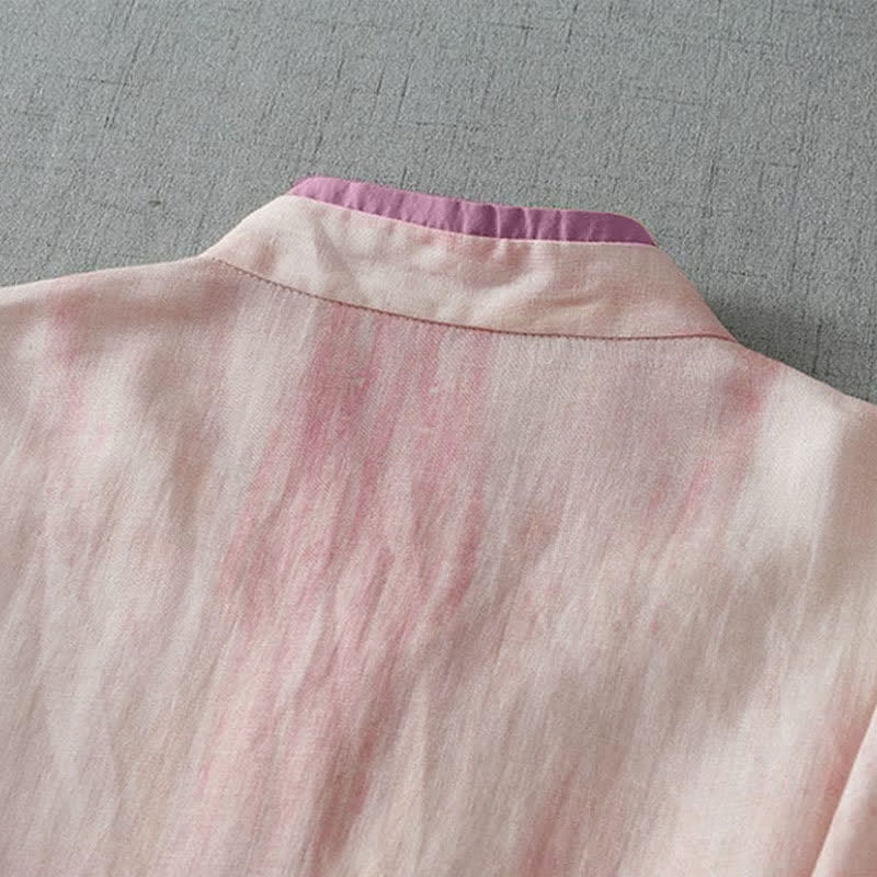 Buddha Stones Spring Fall Retro Tang Style Drawstring Light Pink Tie-dye Women's Three-Quarter Sleeve Shirts - image 3