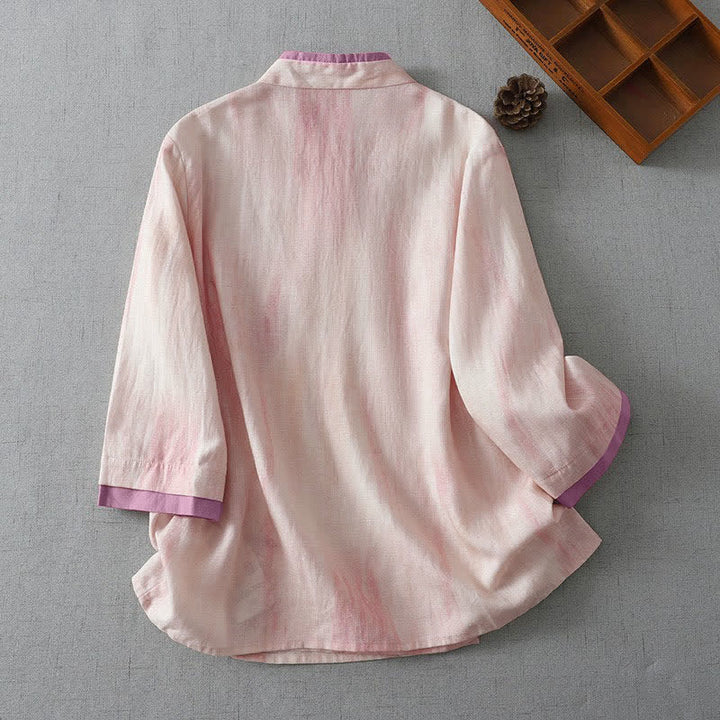 Buddha Stones Spring Fall Retro Tang Style Drawstring Light Pink Tie-dye Women's Three-Quarter Sleeve Shirts - image 1