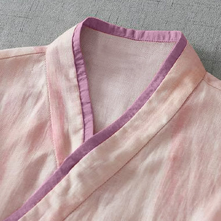 Buddha Stones Spring Fall Retro Tang Style Drawstring Light Pink Tie-dye Women's Three-Quarter Sleeve Shirts - image 2
