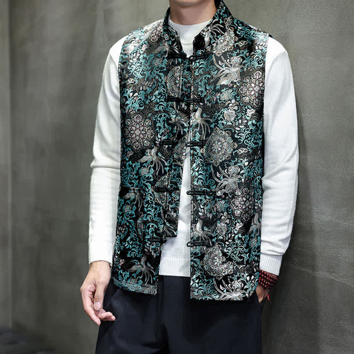 Buddha Stones Fall Winter Tang Style Mandarin Collar Dragon Phoenix Tank Top Men's Vest With Pockets - image 25