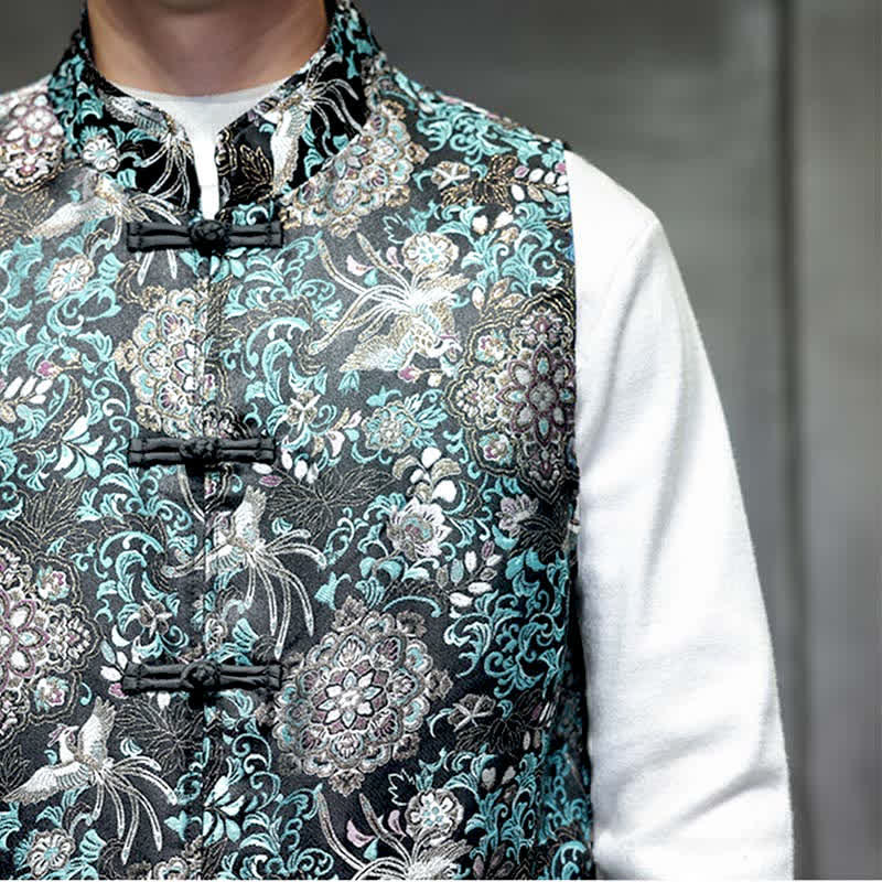 Buddha Stones Fall Winter Tang Style Mandarin Collar Dragon Phoenix Tank Top Men's Vest With Pockets - image 28