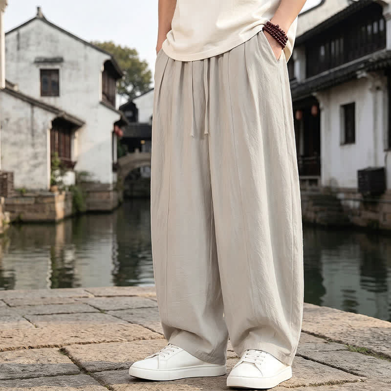 Buddha Stones Spring Summer Retro Simple Drawstring Solid Ankle Pants Men's Straight Leg Pants With Pocket - image 8